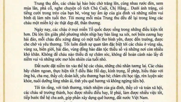 Thư của Tổng Bí thư, Chủ tịch nước Tô Lâm gửi các cháu thiếu niên, nhi đồng nhân dịp Tết Trung thu năm 2026